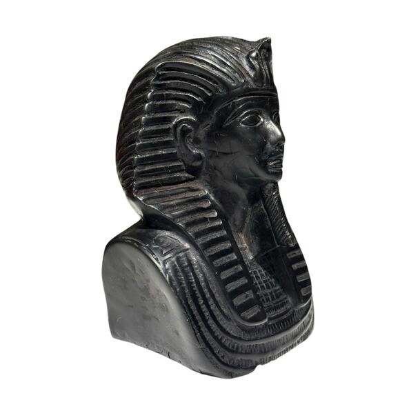 Egyptian King Tut Queen Nefertiti Bust Set Carved Stone Hieroglyphic Black Decor - Picture 6 of 16